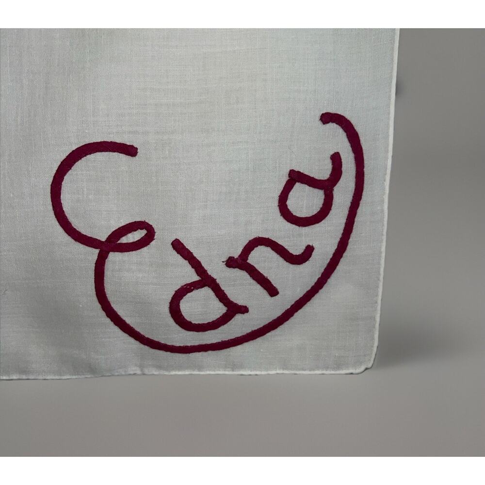 Edna Monogram VTG Cotton Handkerchief Red Applique Embroidery Hanky 12.5x13 Gift